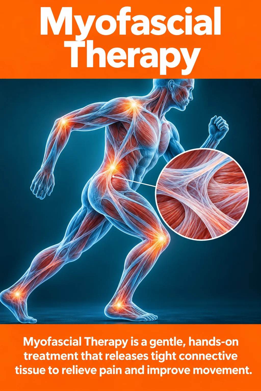 Refreshed myofascial therapy poster showing an anatomical figure in motion