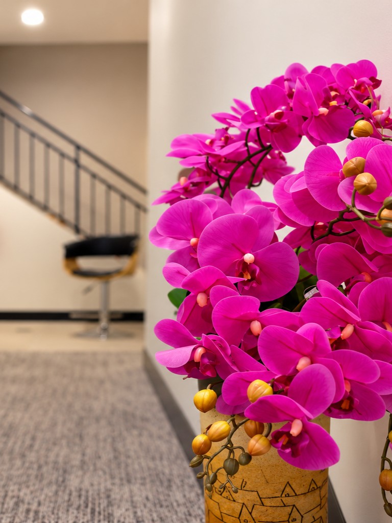 Pink orchids in the hallway of the massage studio