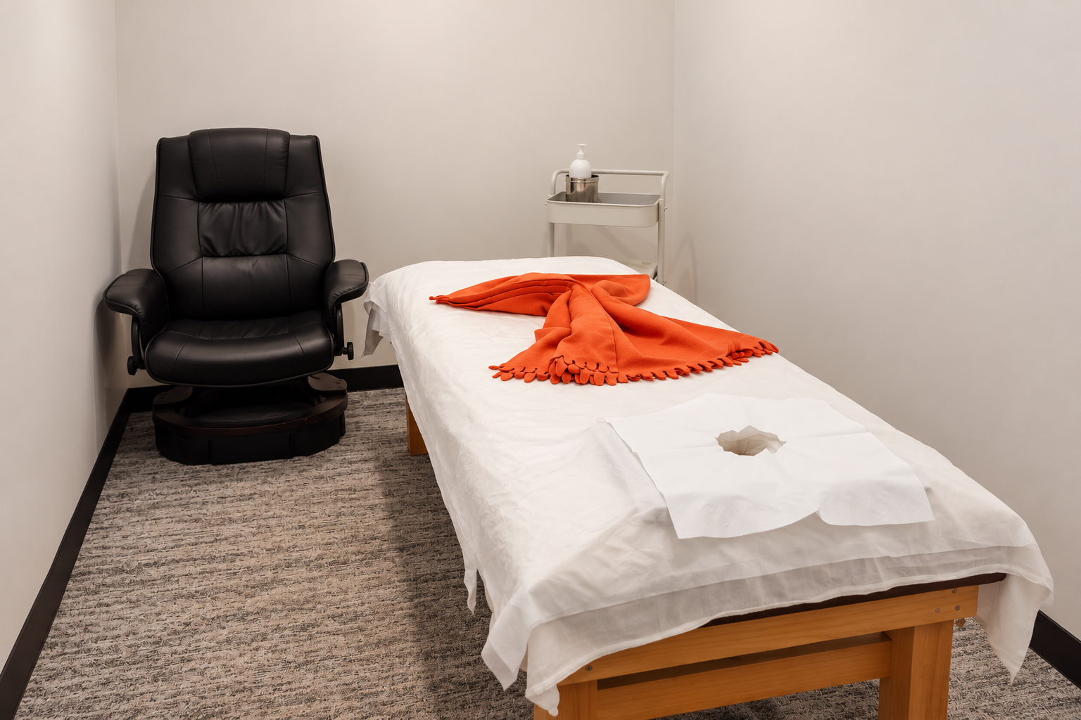 A prepared massage treatment room with a white treatment table and orange blanket